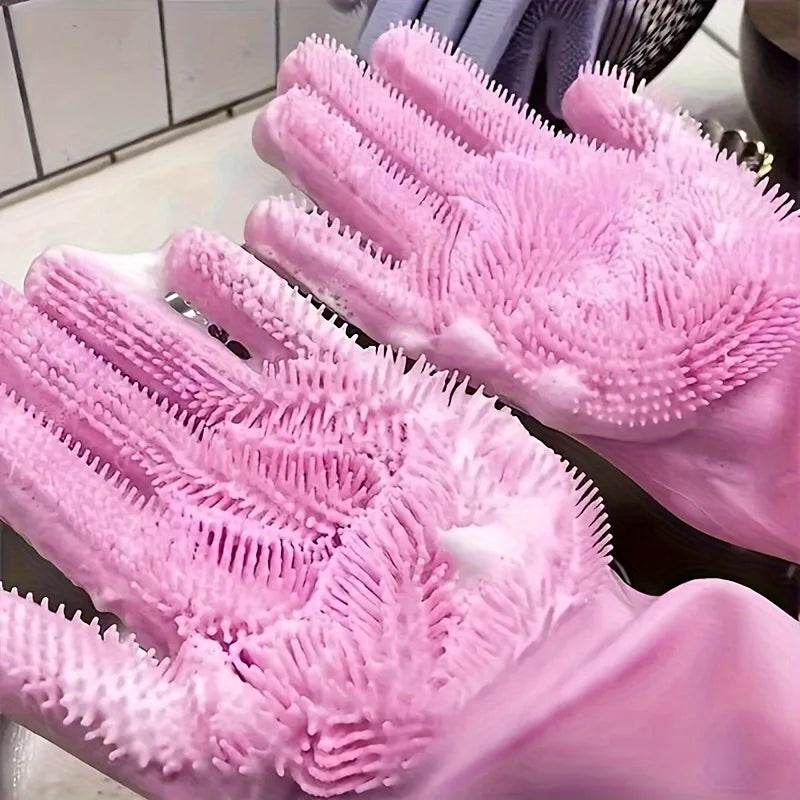 Silicone Dish Gloves – Built-In Scrub Bristles, Heat-Resistant & Reusable