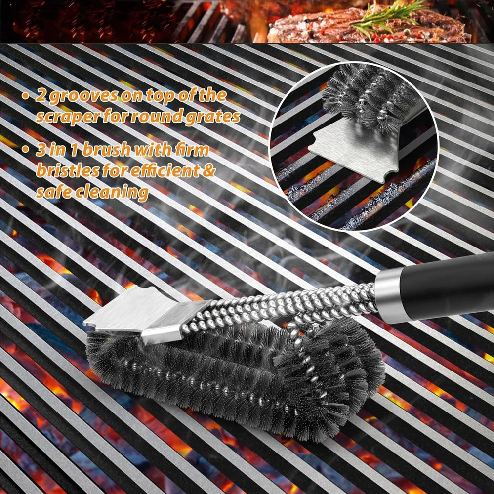 3-in-1 Grill Brush with Scraper – Stainless Steel Bristles, 360° Clean & All Grill Types