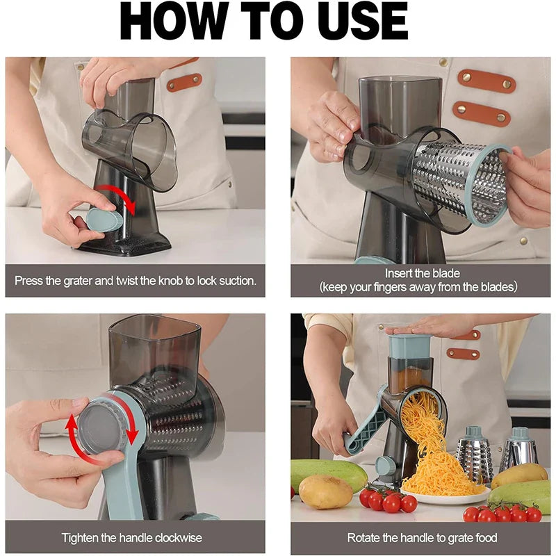 Enhanced Product Title: "Multifunctional Rotary Grater with 3 Interchangeable Drums - Versatile Kitchen Tool for Grating, Slicing, and Shredding" 

This title includes relevant keywords and provides a clearer description of the product's functionality, ma