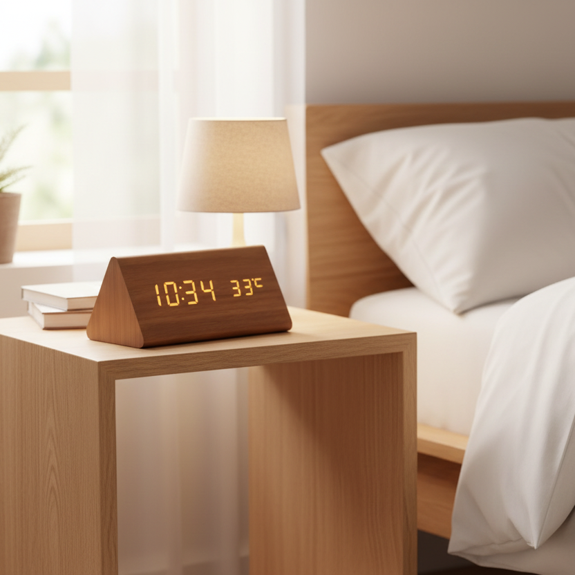 Voice-Activated LED Wooden Clock – Time & Temperature Display, USB or Battery & Auto Shut-Off