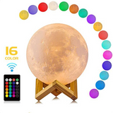 Rechargeable LED Moon Lamp – 16 Colors, Remote & Touch Control, USB with Wood Stand