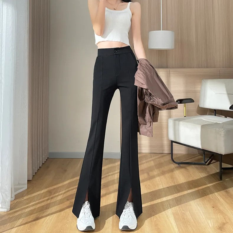 Plus-Size Black Flared Pants with Slit - Stylish Fall Edition for Women