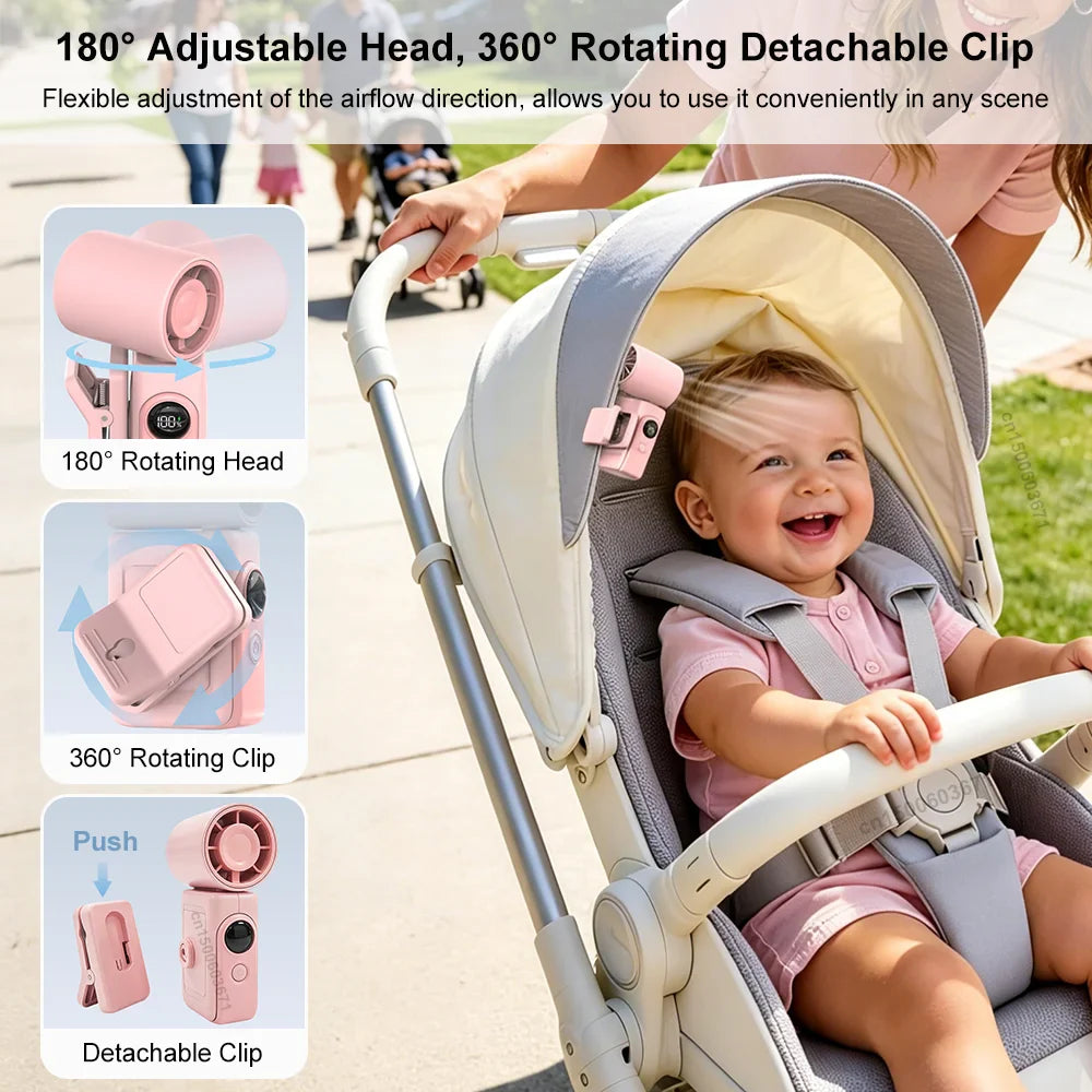 Portable Mini Clip Fan – 4 Speeds, LED Battery Display & USB Rechargeable