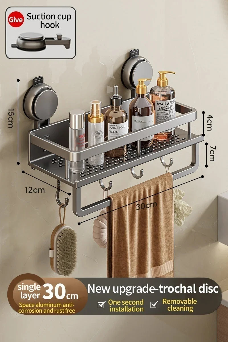 Wall-Mounted Bathroom Shelf – Suction Mount, Aluminum Alloy & Towel Bar