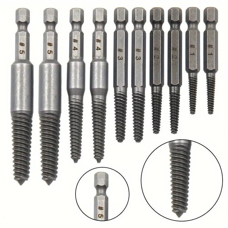 Screw Extractor Set – 10-Piece, Left-Hand Thread & Hardened Steel Hex Shank