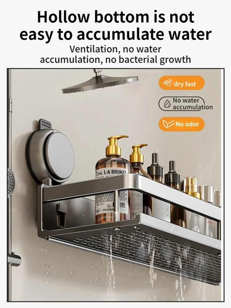 Wall-Mounted Bathroom Shelf – Suction Mount, Aluminum Alloy & Towel Bar