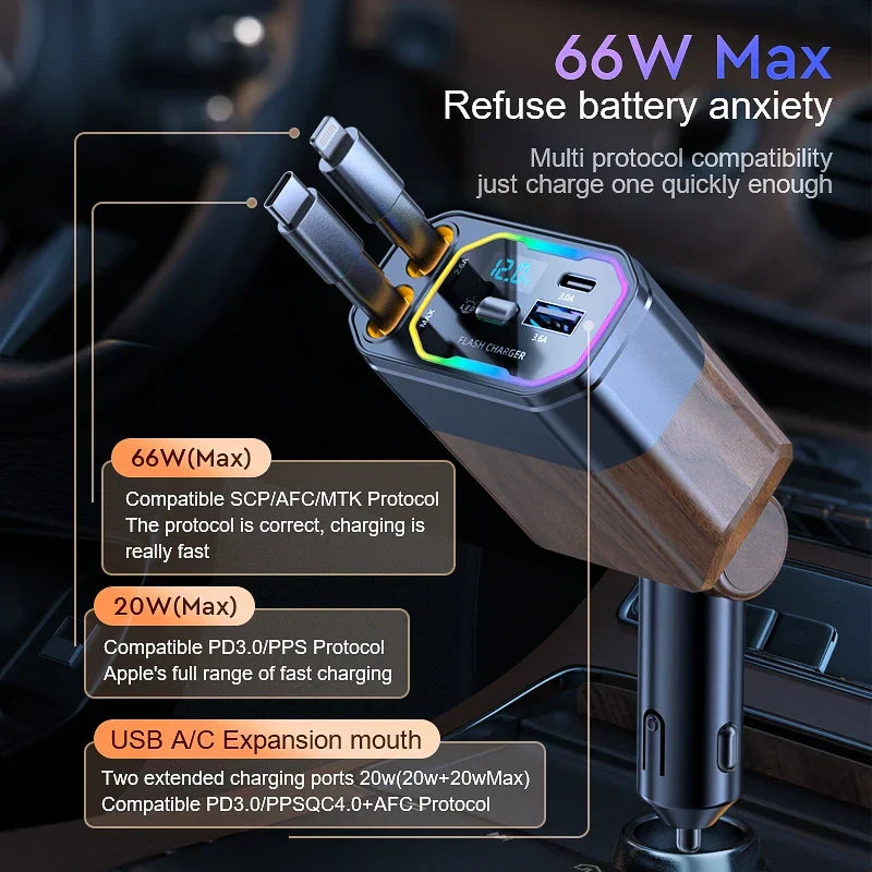 120W 4-in-1 Retractable Car Charger with USB-C & Cigarette Lighter Adapter - Vega