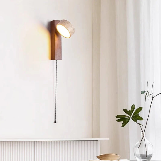 Éclat Wall Lamp – Wood-Travertine Build, French Wabi-Sabi Design & Pull Chain Switch