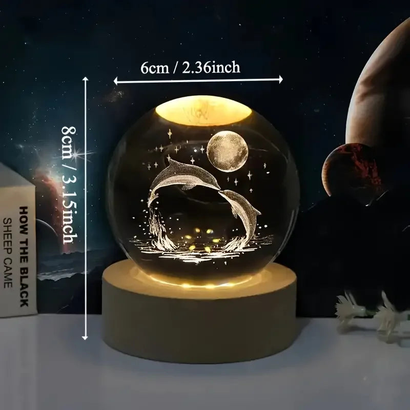 3D Laser-Engraved Crystal Glass Sphere with Color-Changing LED Base - Stunning Decorative Art Piece