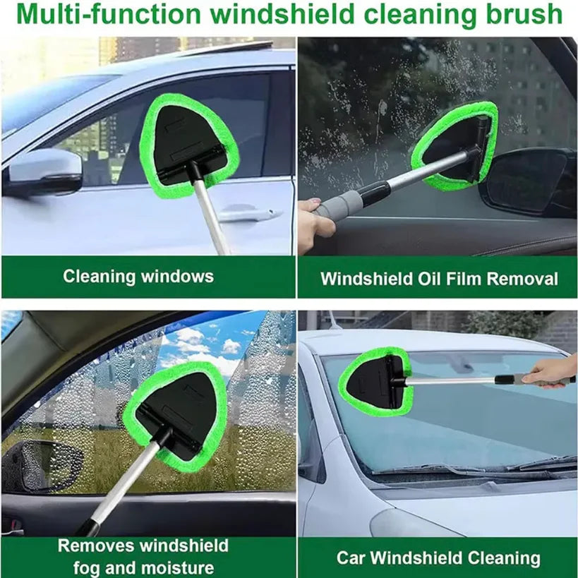 Windshield Cleaning Brush – Extendable Handle, 180° Swivel & 3 Microfiber Pads