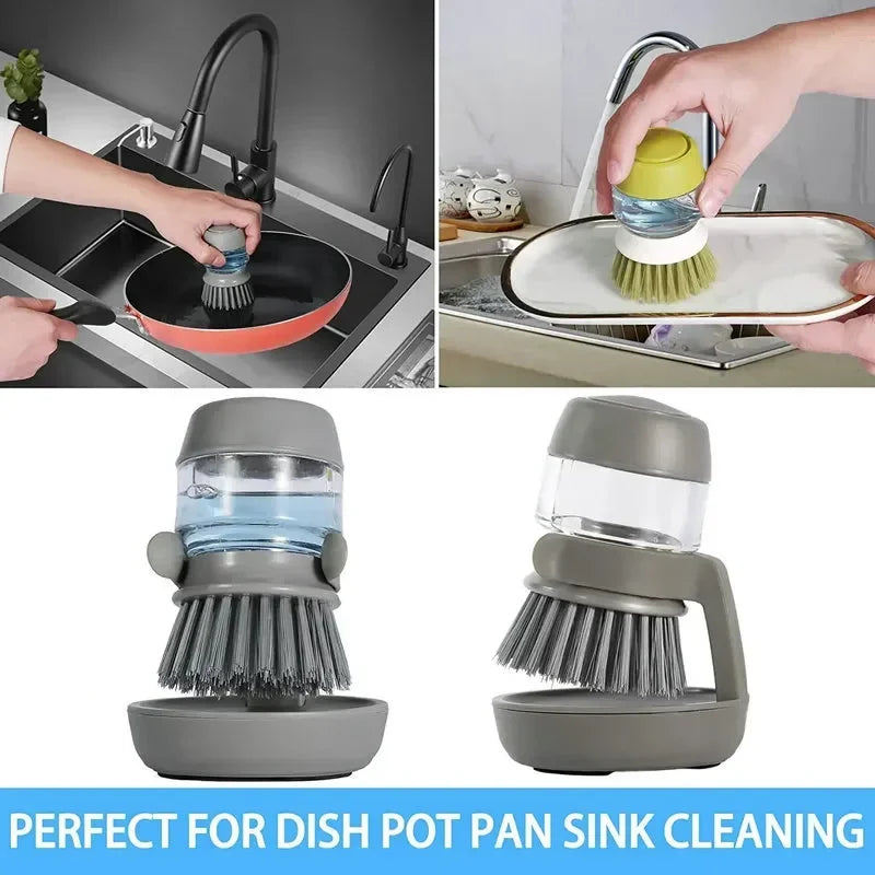 Dish Brush with Soap Dispenser – Ergonomic Grip, Refillable & Countertop Stand