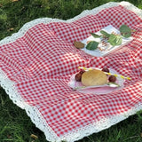 Waterproof Picnic Blanket – Polyester/Cotton, 150×100cm, Gingham with Lace Trim