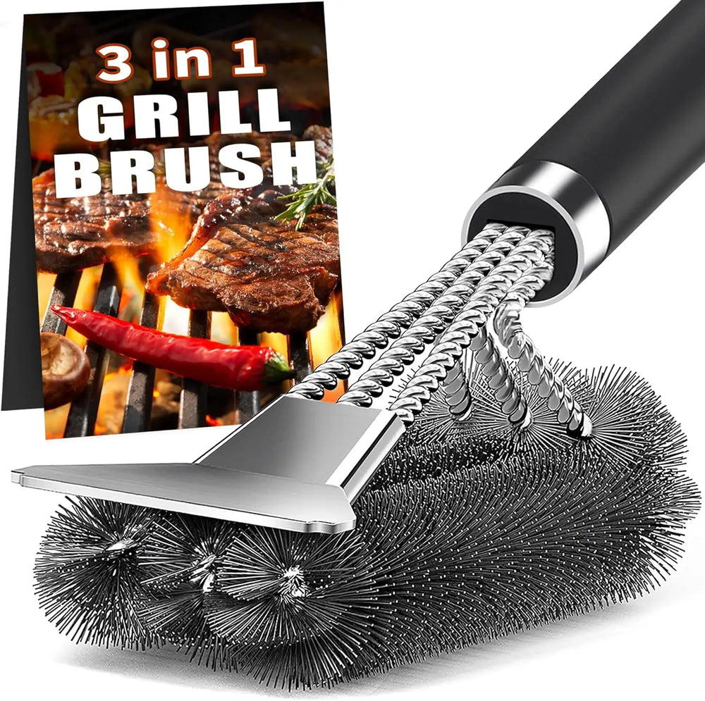 3-in-1 Grill Brush with Scraper – Stainless Steel Bristles, 360° Clean & All Grill Types