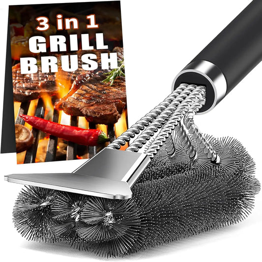 3-in-1 Grill Brush with Scraper – Stainless Steel Bristles, 360° Clean & All Grill Types