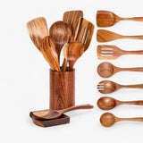 9-Piece Teak Wood Kitchen Utensil Set with Holder & Spoon Rest - Durable & Stylish Cooking Essentials