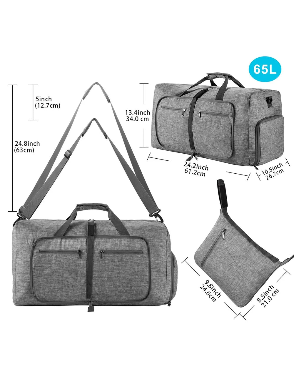 Foldable Travel Duffel Bag – 65L, Water-Resistant Polyester & Shoulder Strap