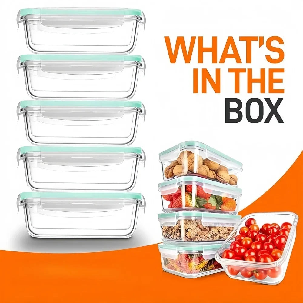 Glass Food Storage Container Set – 5 Airtight Lids, Borosilicate & Oven-Safe