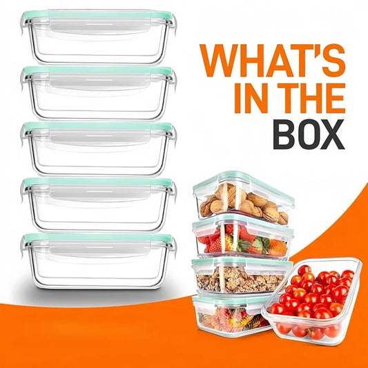 Glass Food Storage Container Set – 5 Airtight Lids, Borosilicate & Oven-Safe