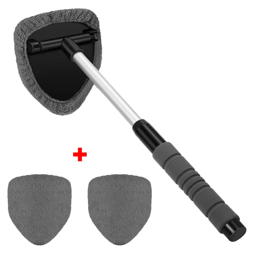 Windshield Cleaning Brush – Extendable Handle, 180° Swivel & 3 Microfiber Pads