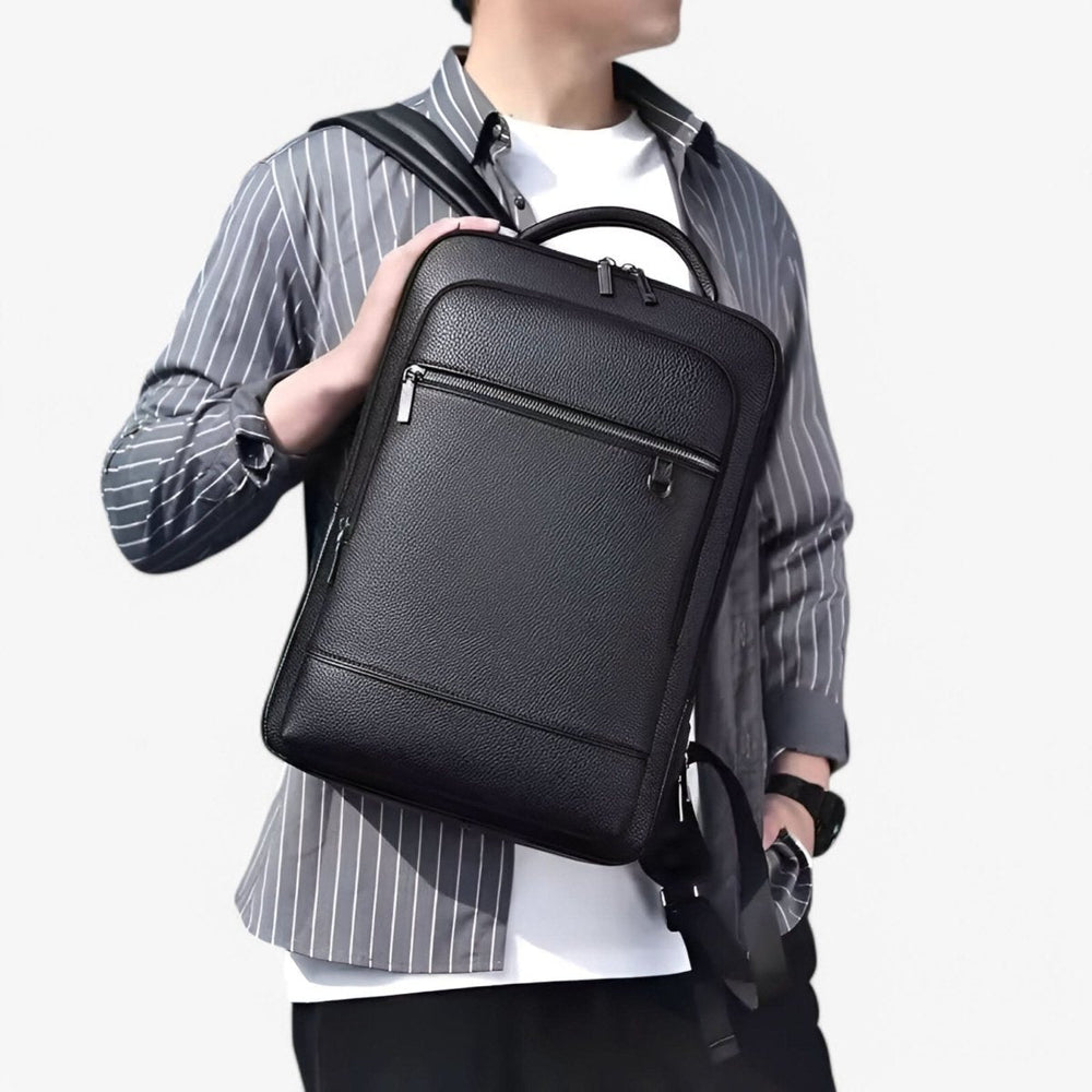Men's Leather Laptop Backpack – USB Charging Port, 15.6-Inch Sleeve & PU Leather