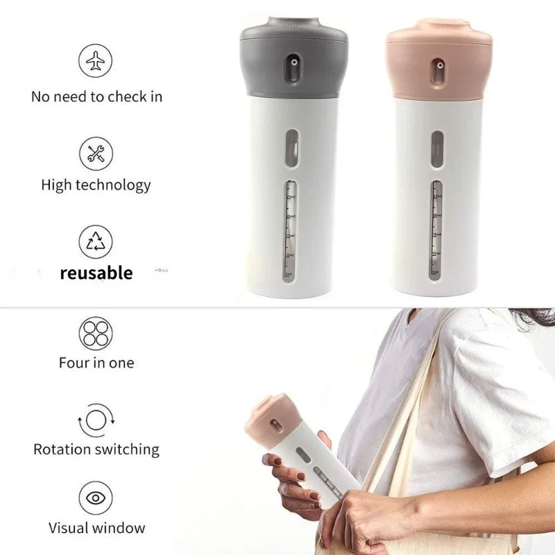 4-in-1 Travel Dispenser Bottle – Refillable, Leak-Proof & 4 Chambers