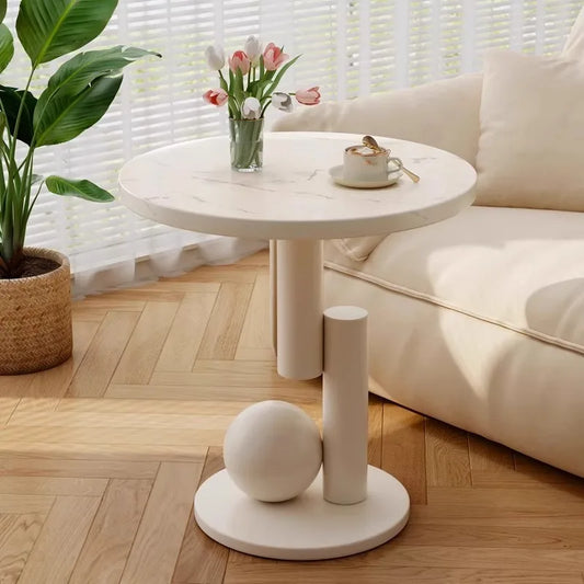 Round Side Table – Marble-Look Top, Wood Frame & Sculptural Base