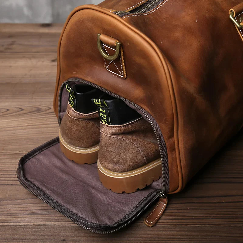 Leather Travel Duffel Bag – Crazy Horse Brown, Large Capacity & Shoulder Strap
