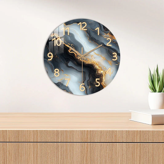 Marble Wall Clock – Blue & Gold Pattern, Silent Quartz Movement & Multiple Sizes