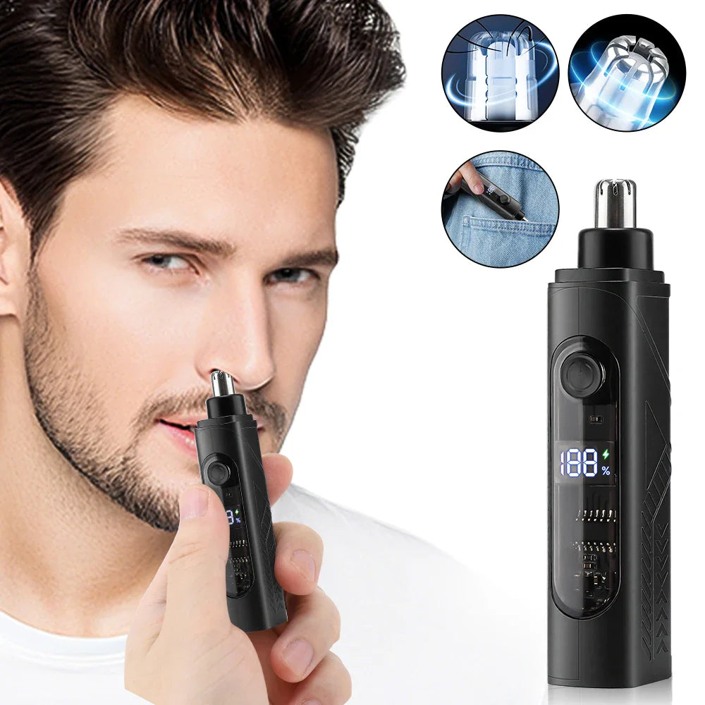 Rechargeable Nose & Ear Hair Trimmer – LED Battery Display, Wet & Dry Use