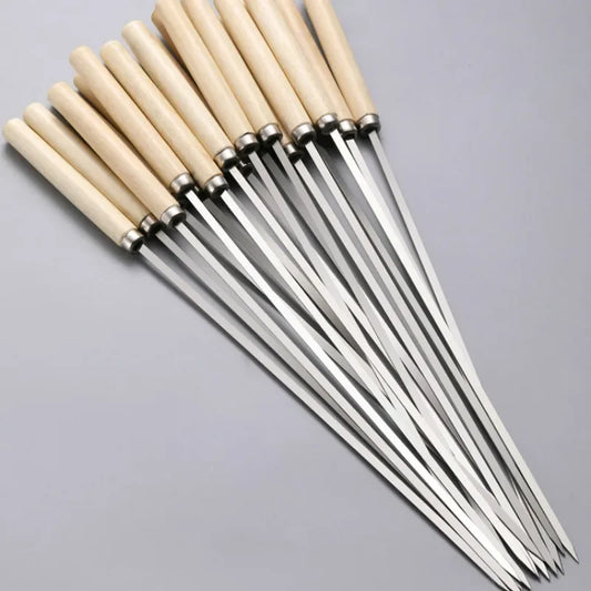Wooden Handle BBQ Skewers – 304 Stainless Steel, Wide Flat Blade & Set of 10
