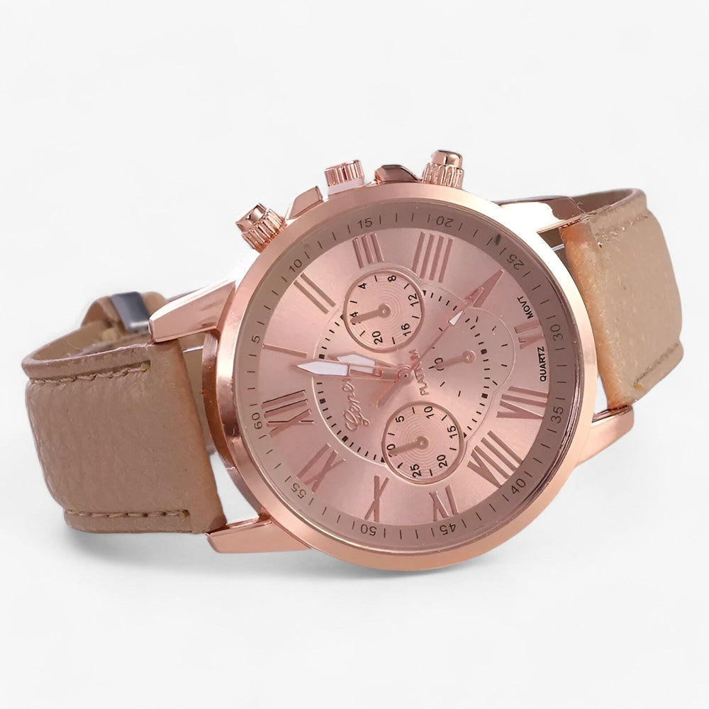 Women's Leather Watch – Genuine Strap, Roman Dial, 42mm & Splash-Proof