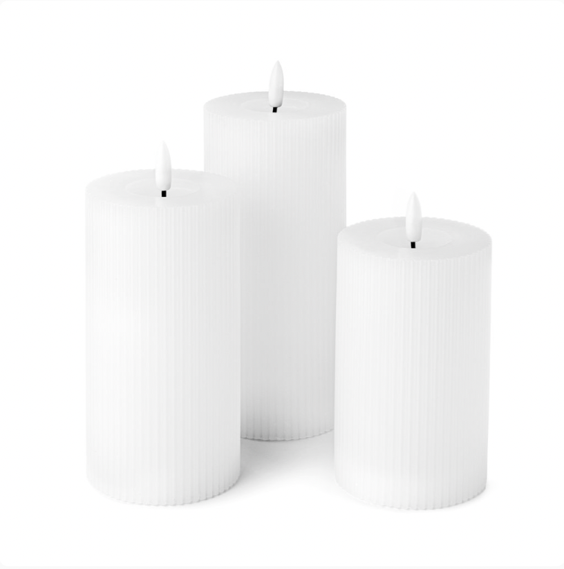 Touch-Control LED Candle Set – 3 Sizes, Ribbed White Wax & Wireless Flameless