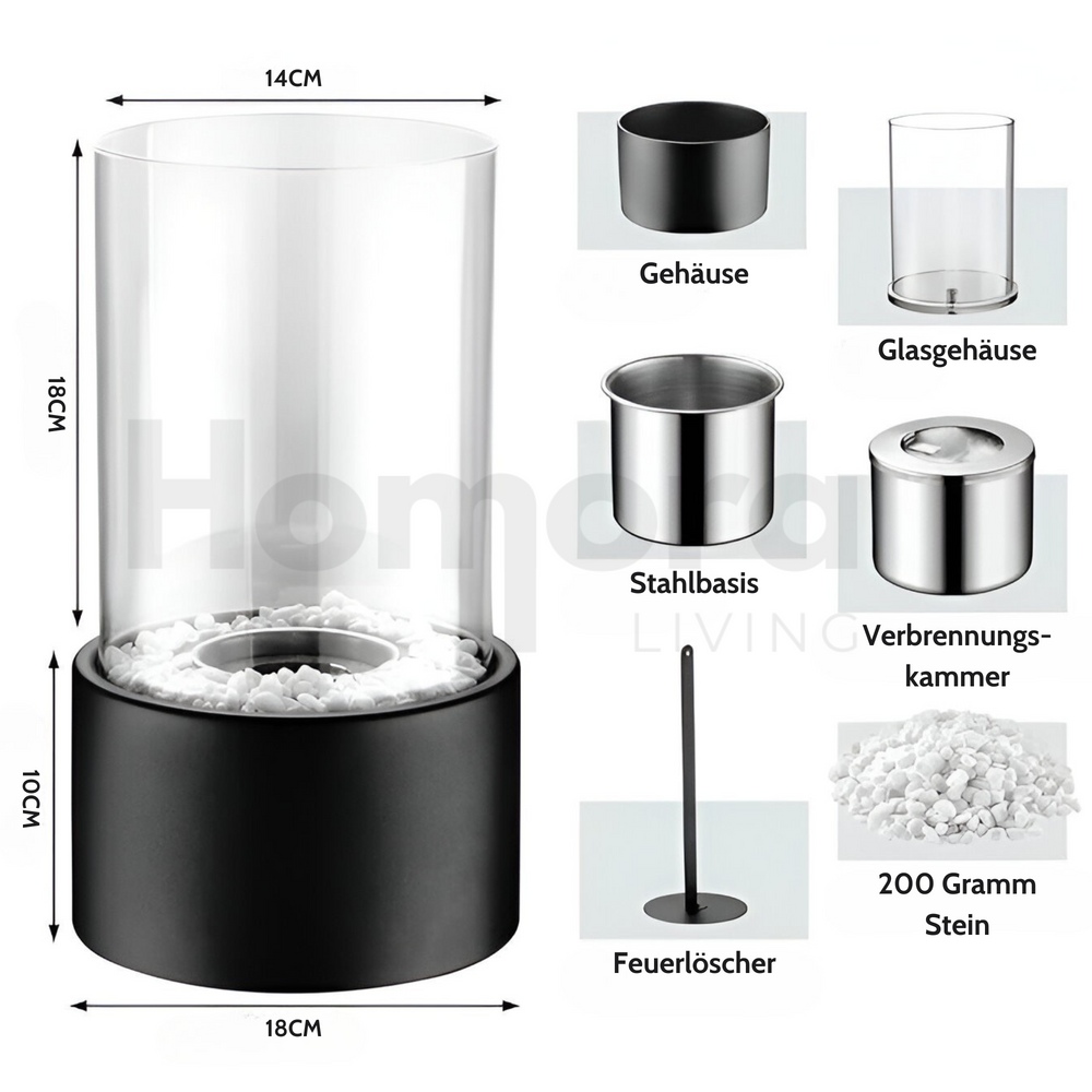 Tabletop Bioethanol Fireplace – Glass Cylinder, Metal Base & 27cm Height