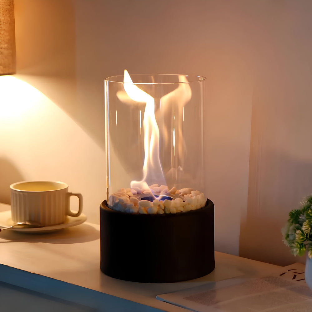 Tabletop Bioethanol Fireplace – Glass Cylinder, Metal Base & 27cm Height
