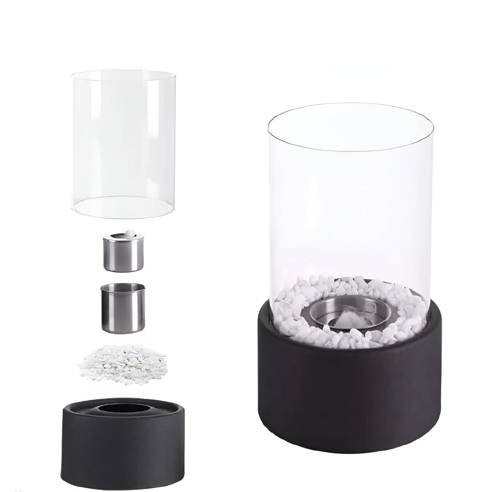 Tabletop Bioethanol Fireplace – Glass Cylinder, Metal Base & 27cm Height