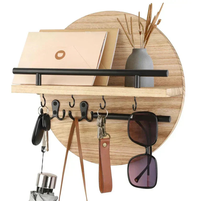 Round Wall Organizer – Key Hooks, Dual Shelves & 30cm Wood Design