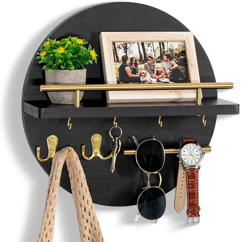 Round Wall Organizer – Key Hooks, Dual Shelves & 30cm Wood Design