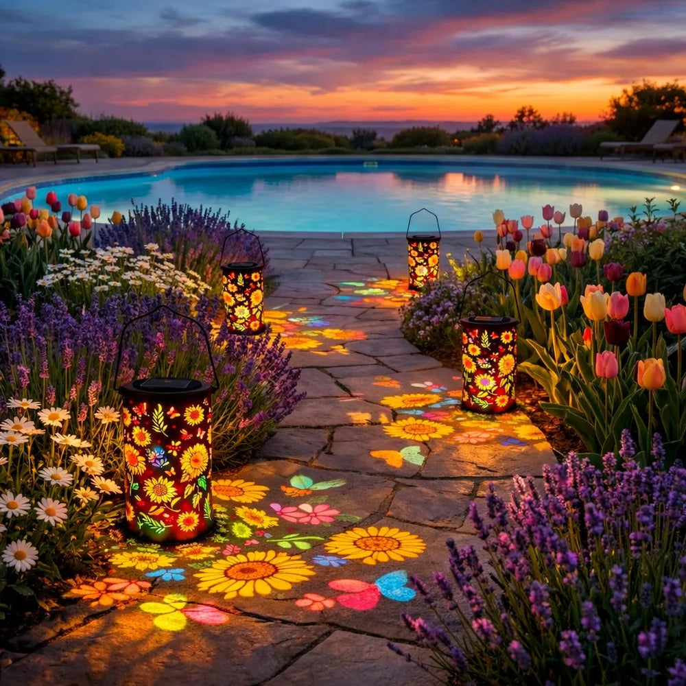 Solar Garden Lantern – Flower Light Projection, 8-Hour Runtime & Weatherproof Metal