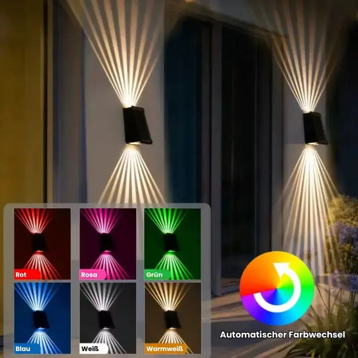 Enhanced Product Title: **Kabellose Solar-Wandleuchte mit RGB-Farben & Warmweiß – Automatische Gartenbeleuchtung für Außenbereich** 

This title includes relevant keywords while maintaining clarity and appeal for potential customers.