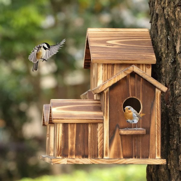 Wooden Birdhouse with 6 Entrances – Natural Wood, Weatherproof, 13×19.8×15cm
