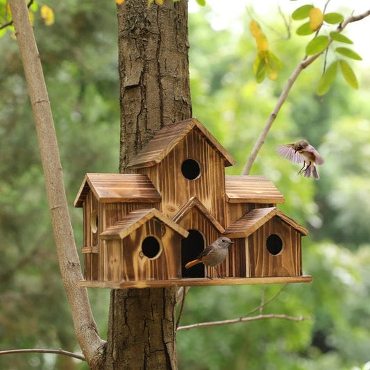 Wooden Birdhouse with 6 Entrances – Natural Wood, Weatherproof, 13×19.8×15cm