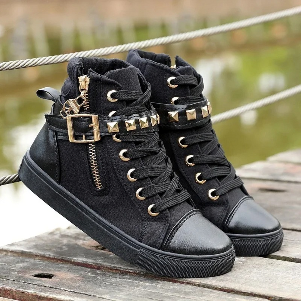 Black leather high-top sneakers with zipper for women