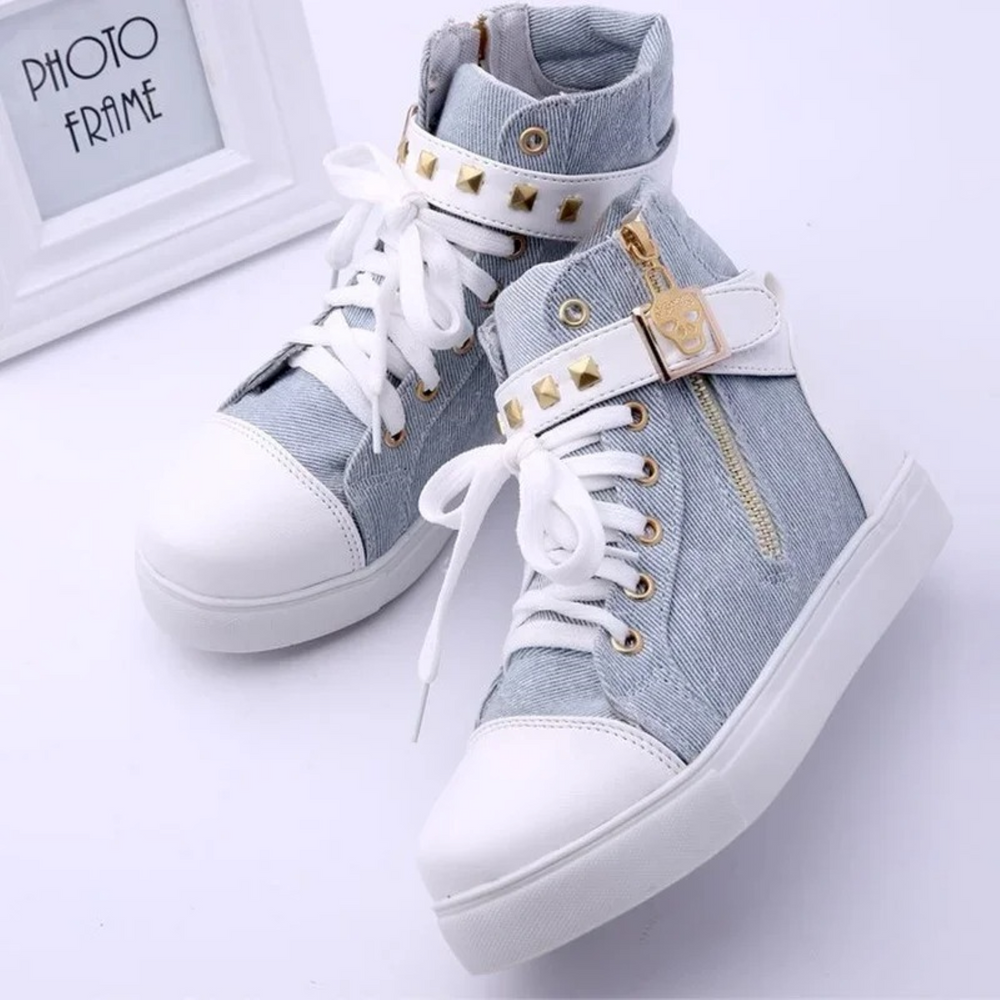Ava – White High-Top Leather Sneakers with Zipper for Women