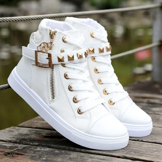 White leather high-top sneakers with zipper for women