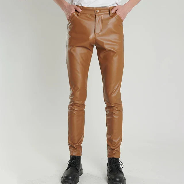 Lars – Skinny Fit Elastic Leather Pants for Men - Brown