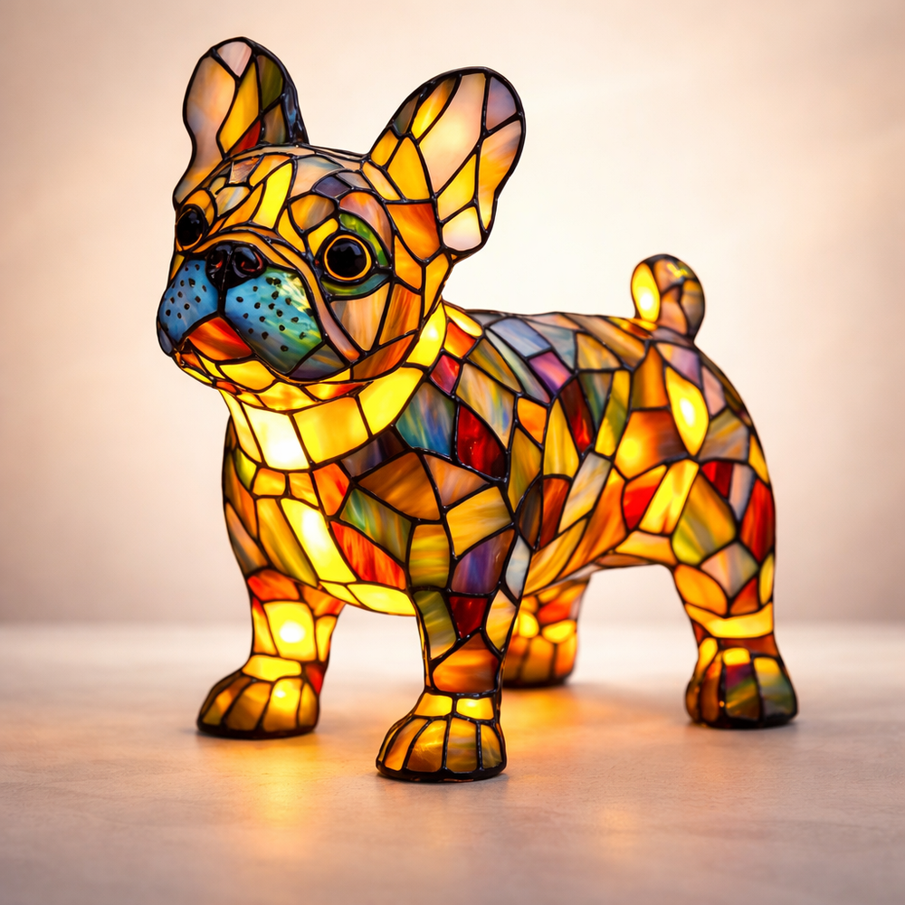 Stained Glass Dog Lamp LED Table Night Light Bedroom Desk