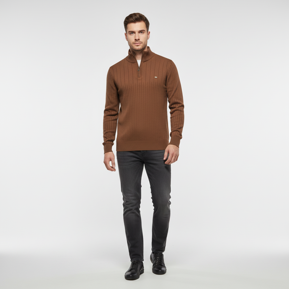 Knitted Sweater with Zip - Collar Sweater