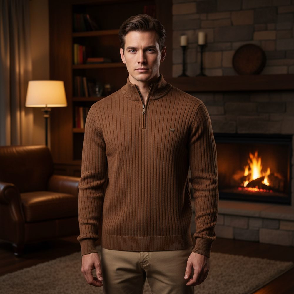 Knitted Sweater with Zip - Collar Sweater