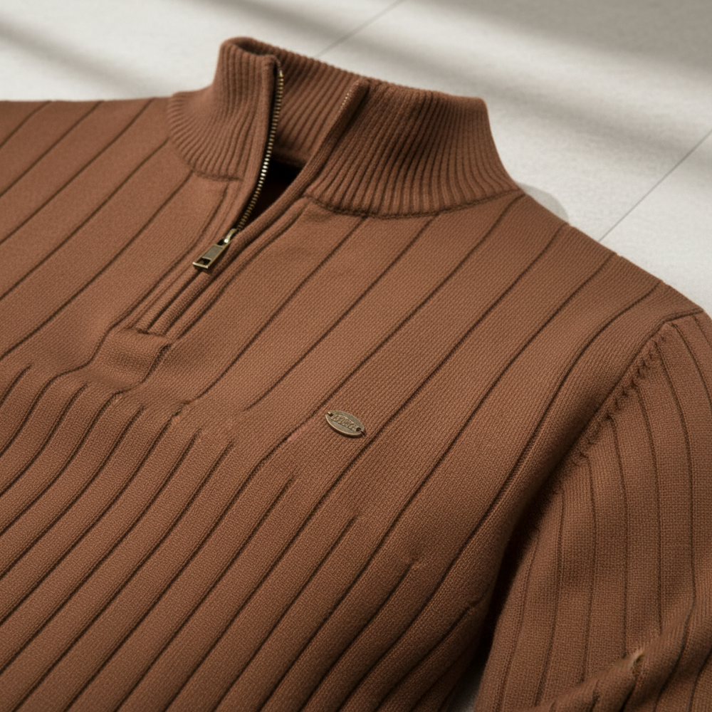 Knitted Sweater with Zip - Collar Sweater