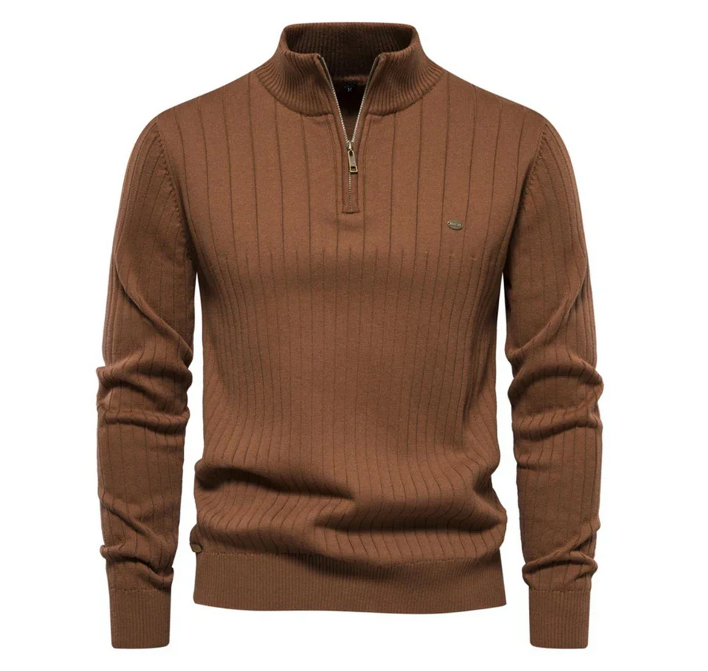 Knitted Sweater with Zip - Collar Sweater